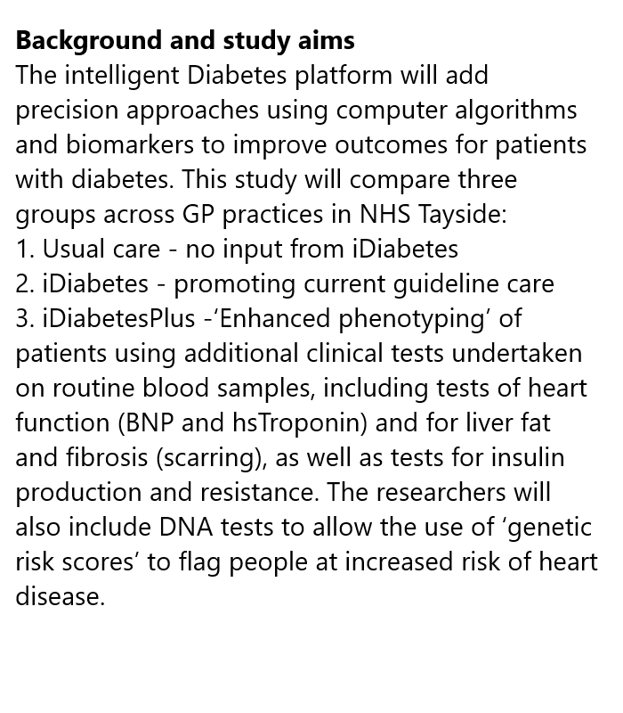 The iDiabetes Platform: enhanced phenotyping of patients with diabetes for precision diagnosis, prognosis and treatment Read about the new study by @iDiabetesCare @dundeeuni @UoDMedicine @CSO_Scotland @MyDiabetesMyWay registered at #ISRCTN isrctn.com/ISRCTN18000901