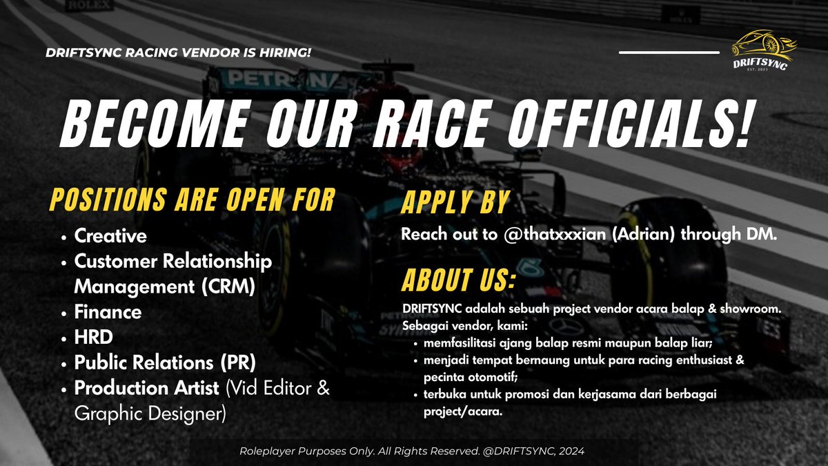 ️
𝘼𝙍𝙀 𝙔𝙊𝙐 𝙏𝙃𝙀 𝙊𝙉𝙀 𝙒𝙀'𝙍𝙀 𝙇𝙊𝙊𝙆𝙄𝙉𝙂 𝙁𝙊𝙍?

DRIFTSYNC is going to open a new business branch. Join our team as we drive innovation and success forward through our new office!
 ️