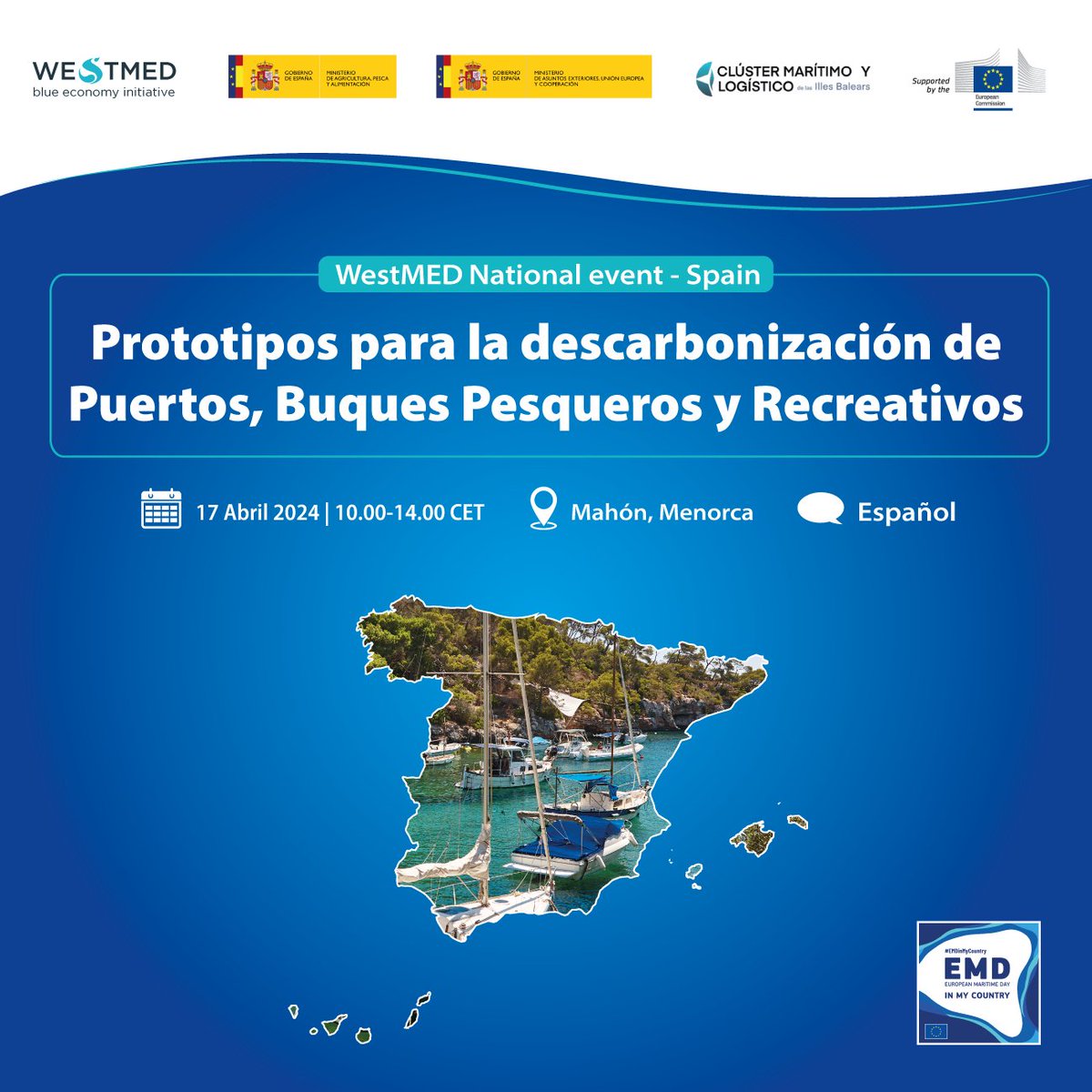 ⚡️Únete a los expertos en el taller #WestMEDSpain sobre #Decarbonización en puertos deportivos, embarcaciones pesqueras y de recreo. ¡Ahora también bajo etiqueta oficial #EMDinmycountry! 🗓️ 17 Abril 2024 | Menorca Cierre de registro 10 Abril Info👉shorturl.at/iqIWZ