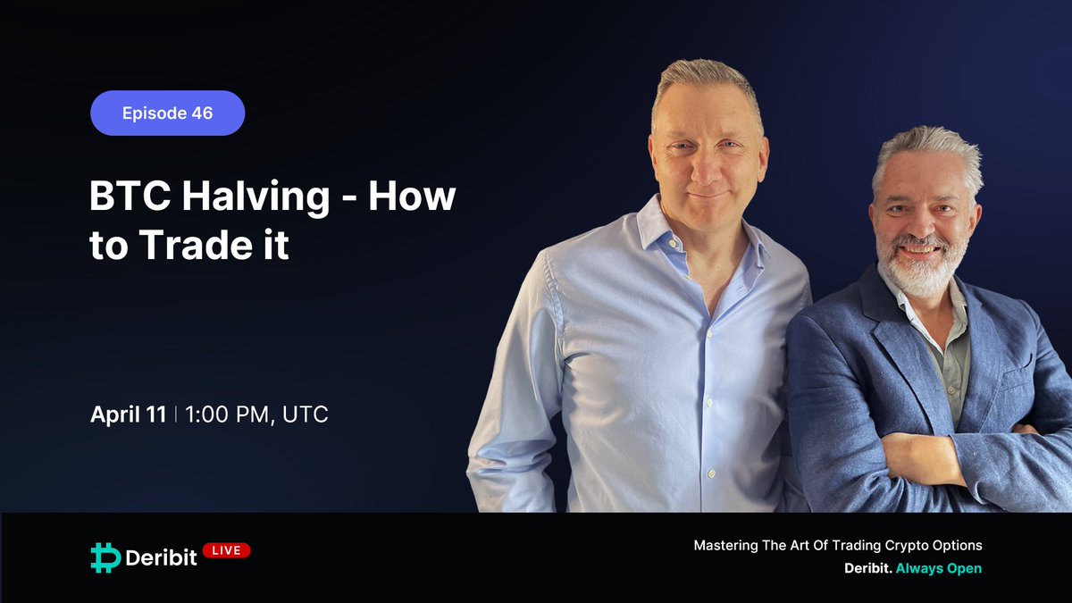 Do you already know how to trade the halving? 🤔 Shane and Richard from @rogueoptions will share their views in episode 46 of our Deribit Live webinar series. 🗓️ Thursday, 11 April ⏰ 2pm UTC, 4pm Berlin, 6pm Dubai Register for your free access link ⬇️ insights.deribit.com/deribit-live/e…