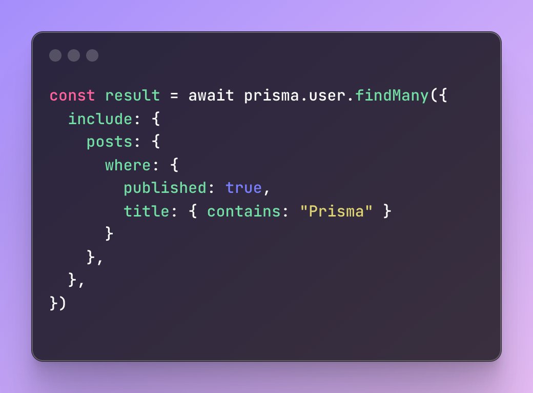 💡 Did you know that Prisma ORM lets you easily filter a list of relations? 😎 With a single query, you can fetch users with all their posts — and filter the posts any way you like, e.g. only get published ones or those with a certain title! 📚 prisma.io/docs/orm/prism…