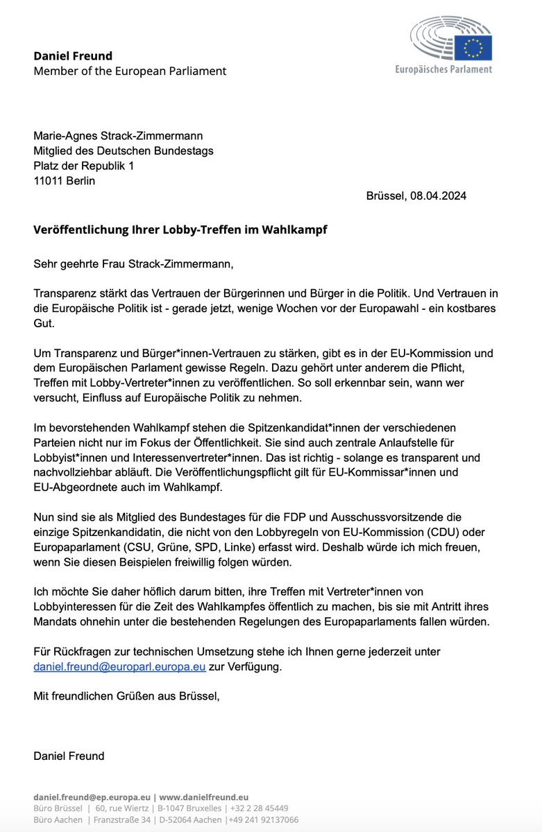 🚨Volle Lobbytransparenz im Europawahlkampf! Mein Brief an Marie-Agnes #StrackZimmermann mit der Bitte, ihre Lobbytreffen im Wahlkampf offenzulegen. Warum: Als einzige Spitzenkandidatin fällt sie aktuell nicht unter die Transparenzregeln von EU-Kommission oder EU-Parlament.