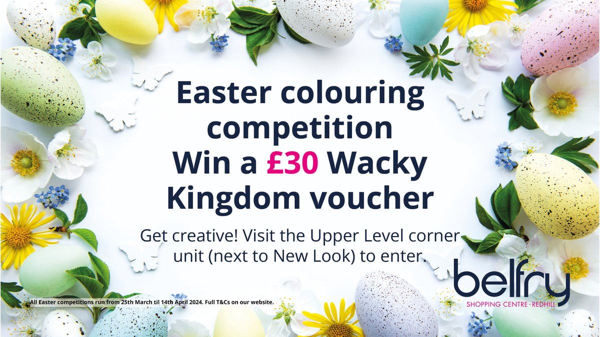 This Easter we have an exciting colouring competition for you to take part in 🖍️ Visit the corner unit on the Upper Level next to New Look and enter our competition for the chance to win a £30 Wacky Kingdom voucher 🏰 redhillbelfry.co.uk/2024/03/25/eas… #BelfryShoppingCentre #CrackingBelfry