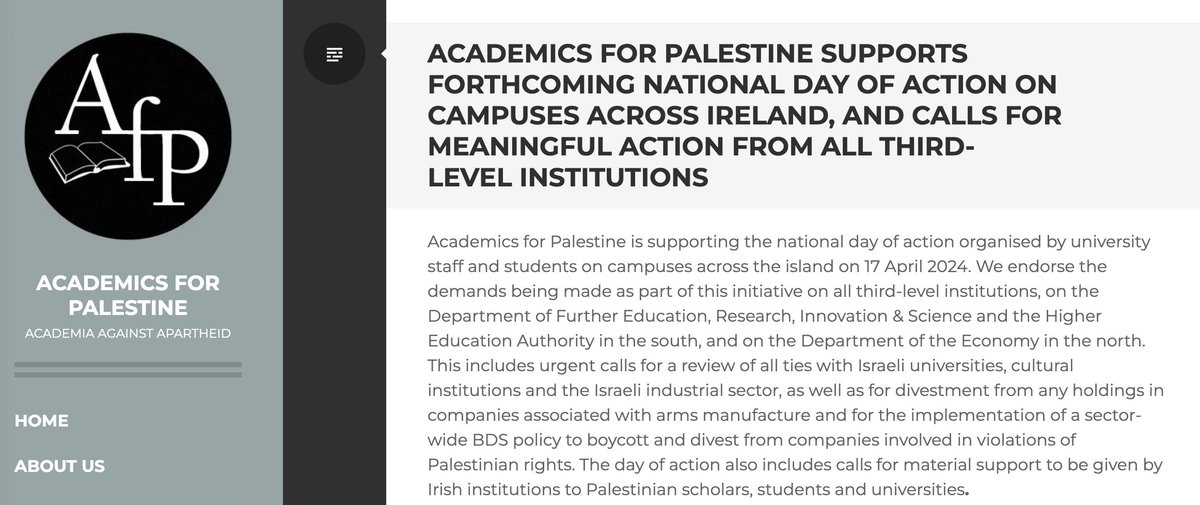 'Palestine is a defining issue of our time. Universities are institutions that play a leading role in society and public life. This comes with ethical and intellectual duties to pursue truth & knowledge and to stand, speak and act for justice & freedom' academicsforpalestine.org/2024/04/08/aca…