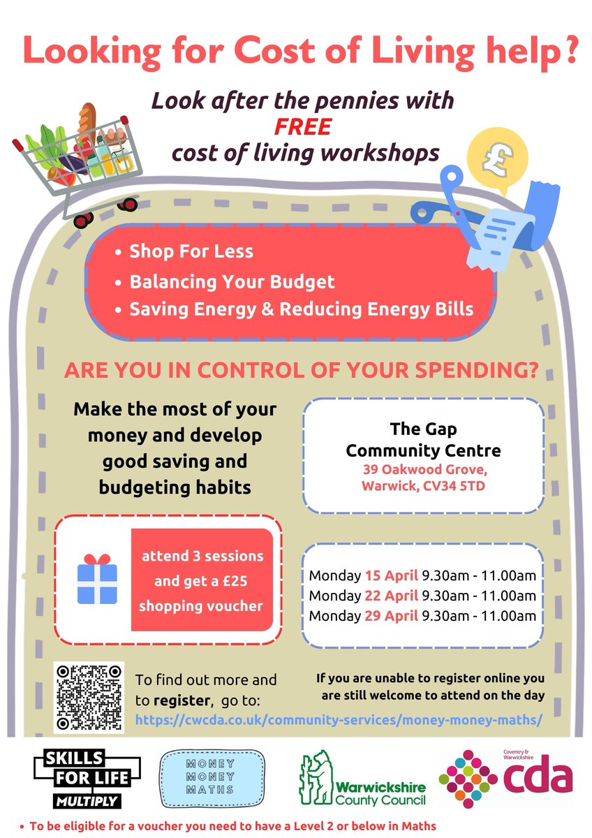 Cov & Warks CDA (@cw_cda) on Twitter photo Free cost of living workshops -#warwickshire
New Money, Money, Maths workhops starting at The Gap - Registered charity no. 1086640
#warwick
begins Monday 15 April 9.30 - 11am
You can attend all three workshops, or just come along to one or two
cwcda.co.uk/.../community.… Free cost of living workshops -#warwickshire
New Money, Money, Maths workhops starting at The Gap - Registered charity no. 1086640
#warwick
begins Monday 15 April 9.30 - 11am
You can attend all three workshops, or just come along to one or two
cwcda.co.uk/.../community.…