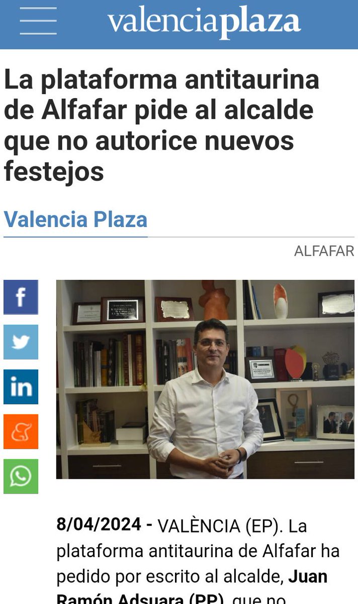 Por primera vez en 5 años de nuestra existencia, conseguimos salir en .<a href="/valenciaplaza/">Valencia Plaza</a> , pues parece que ha rebotado la noticia de Europapress.

Escríbeme al privado para unirte al #activismo de la plataforma antitaurina de #Alfafar y lee. 👇

valenciaplaza.com/la-plataforma-…