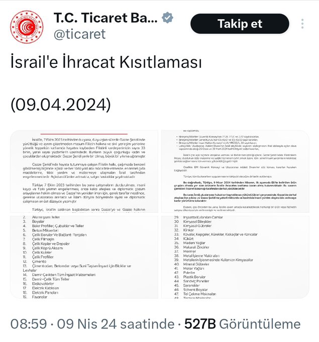 Ticaret Bakanlığı, İsrail'le yaptıkları ihracatta 54 ürüne kısıtlama kararı getirmiş! Ticaret güzel yürüdü mü, yeterince çocuk öldü mü?