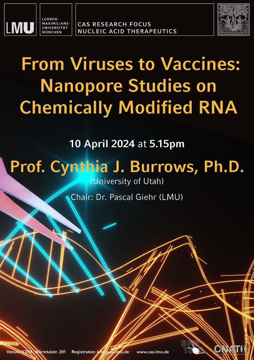 CAS_LMU (@cas_lmu) on Twitter photo "From Viruses to Vaccines: Nanopore Studies on Chemically Modified RNA". Register now for Cynthia Burrows's talk <a href="/UUtah/">University of Utah</a> on April 10 at 5:15pm @ICEM         building. Moderation: <a href="/PascalGiehr/">Pascal Giehr 🕊🇺🇦</a> 
Register: info@cas.lmu.de
#CASResearchFocus "Nucleic Acid Therapeutics"
<a href="/CarellGroupLMU/">The Carell Group</a> "From Viruses to Vaccines: Nanopore Studies on Chemically Modified RNA". Register now for Cynthia Burrows's talk <a href="/UUtah/">University of Utah</a> on April 10 at 5:15pm @ICEM         building. Moderation: <a href="/PascalGiehr/">Pascal Giehr 🕊🇺🇦</a> 
Register: info@cas.lmu.de
#CASResearchFocus "Nucleic Acid Therapeutics"
<a href="/CarellGroupLMU/">The Carell Group</a>