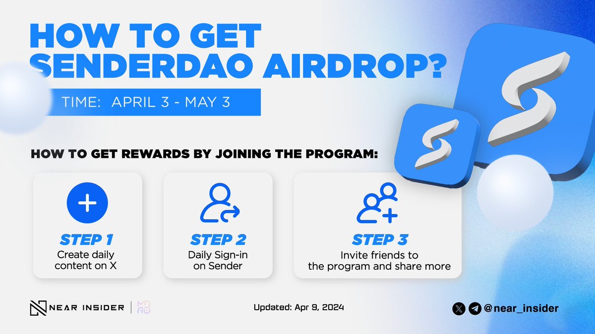 🚀 Exciting news! @SenderLabs has launched a 30-day event introducing the SenderDAO Pointing System! Earn points and stand a chance to receive exclusive airdrops based on your points. 📅 Program Duration: April 3 - May 3 Don't miss out ! senderdao.io #NEAR #Airdrop