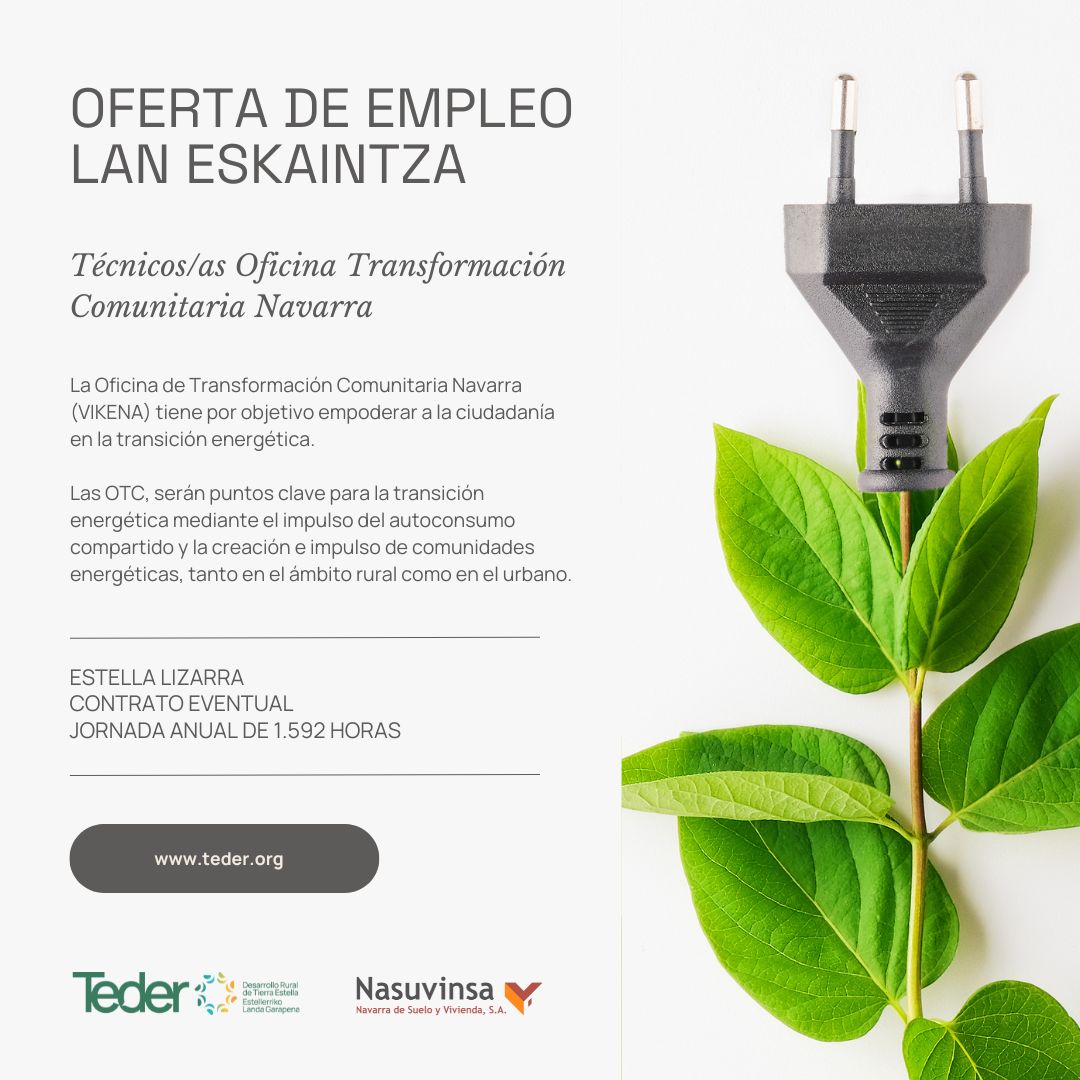 tederural's tweet photo. Oferta de empleo de #Nasuvinsa para trabajar en la futura Oficina de Transformación Comunitaria de TEDER en Estella-Lizarra.

Más información 👉 https://t.co/bvTdz0a4Hw

#OTC #Vikena #Nasuvinsa #Teder #Navarra https://t.co/zdQrQmiO6W
