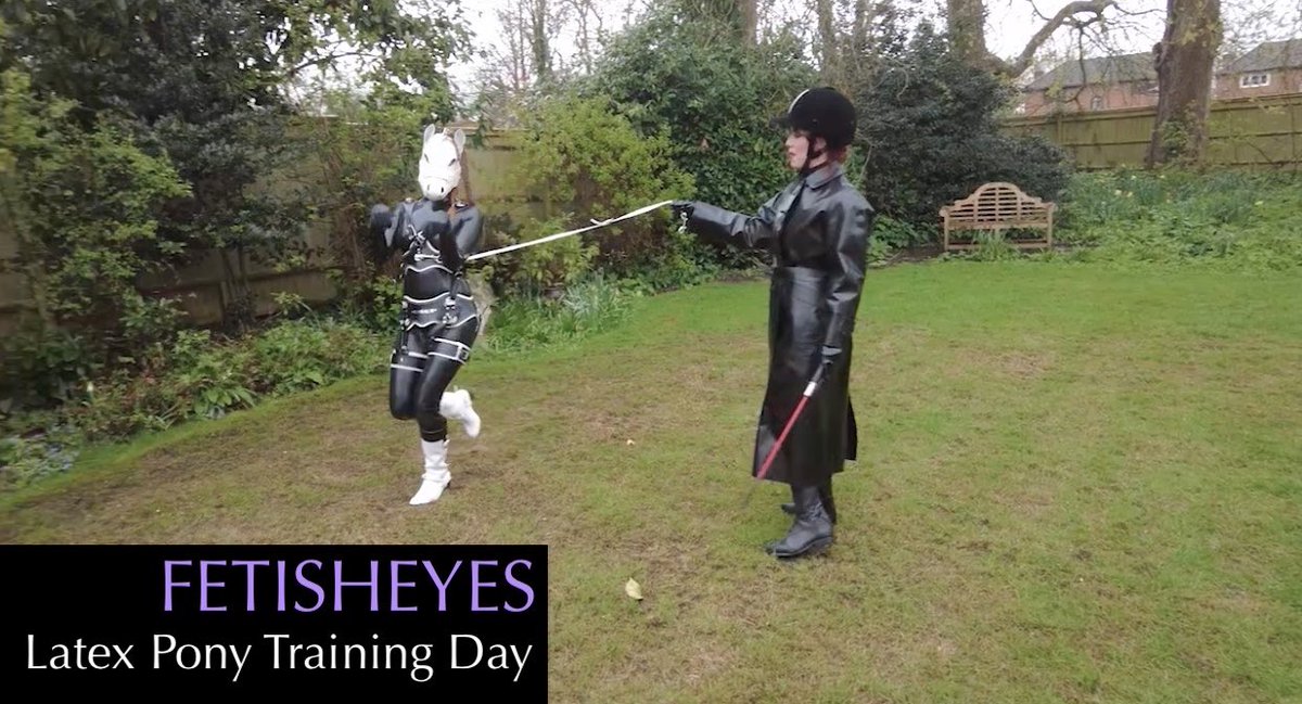 Pony trainer Zoe @Confess2MissZoe dresses in her SBR mackintosh and riding boots while rubber-suited Aloralux @aloraluxmodel straps herself into her leather harness. Then the exercises begin! 'Latex Pony Training Day' is at fetisheyes.com/video?id=1038 this week ...