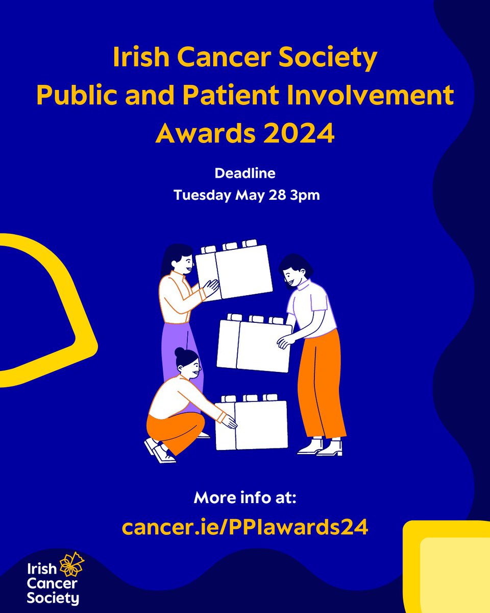 The Irish Cancer Society wishes to invite researchers to submit an application for the Public and Patient Involvement Awards 2024. Deadline 28th of May, visit brnw.ch/21wIDBb on how to apply! #cancerresearch #PPI