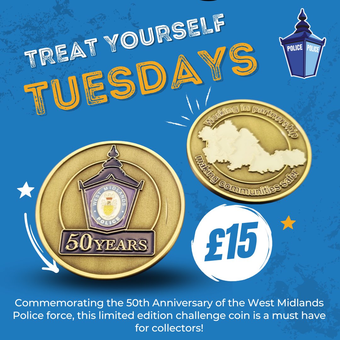 To celebrate the 50th Anniversary of @wmpolice we have a brand new #LimitedEdition #ChallengeCoin in stock! Featuring a map of the West Midlands adorned with our motto, as well as the classic police lantern, this is a must have for all collectors! museum.west-midlands.police.uk/product/50-cha…
