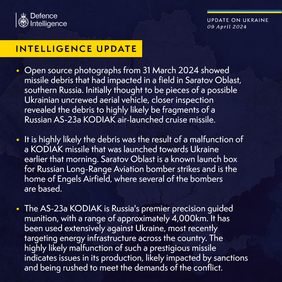 Latest Defence Intelligence update on the situation in Ukraine – 09 April 2024. Find out more about Defence Intelligence's use of language: ow.ly/q8ek50R9W30 #StandWithUkraine 🇺🇦