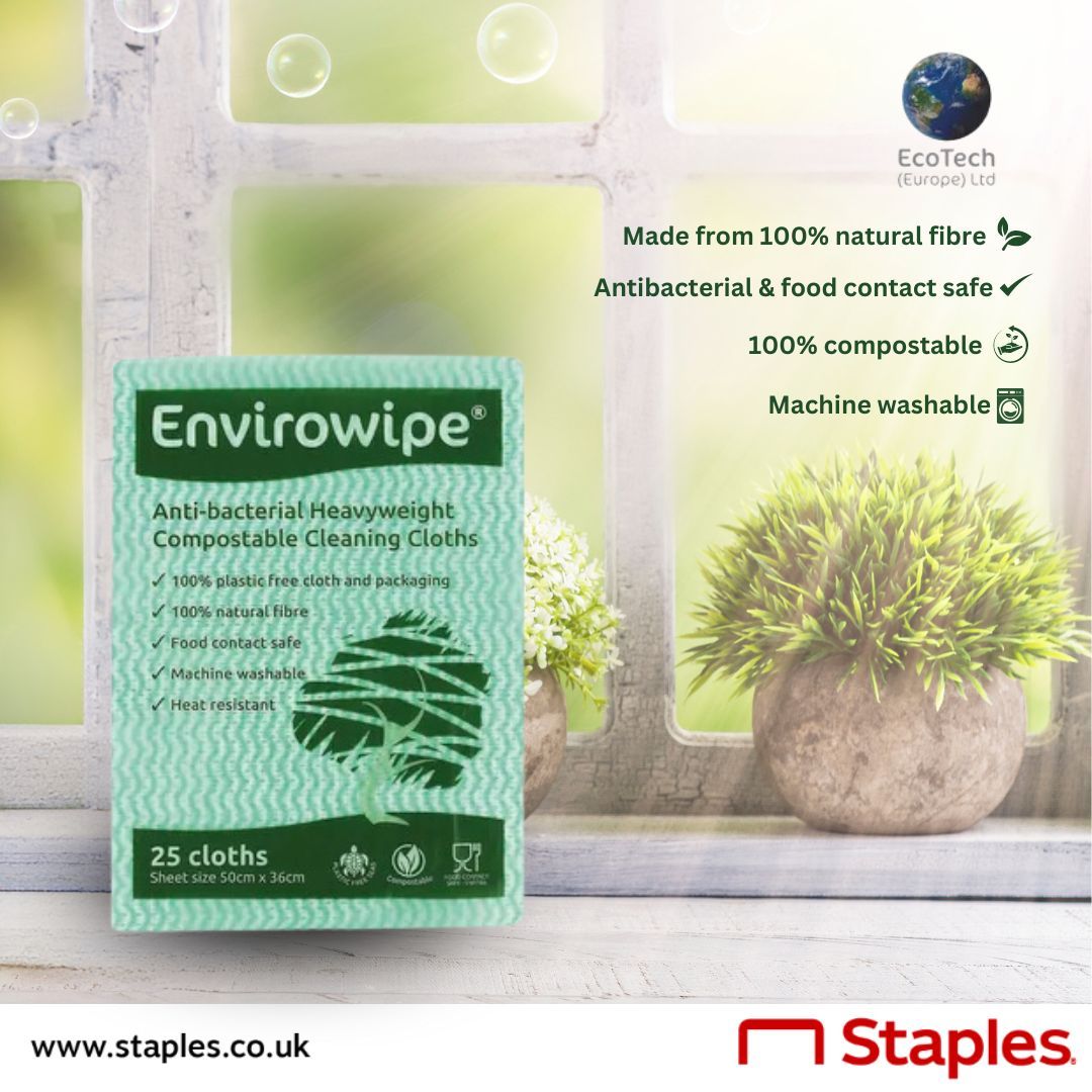 Upgrade your cleaning routine with Envirowipe 🌱 Made from 100% natural fibres, these eco-friendly cloths are compostable, antibacterial, & food contact safe! Highly absorbent and machine washable, they're perfect for any cleaning task 🧼✨ 🔎 Product Code: 1191114 - #StaplesUK