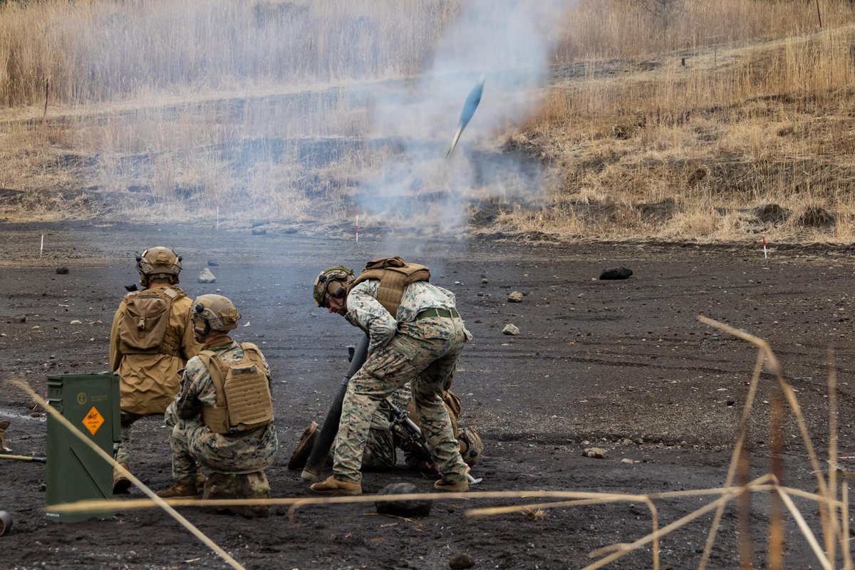 #Marines with Battalion Landing Team 1/1, @31stMeu, fire M252A2 81mm mortar systems during a live-fire training at Combined Arms Training Center Camp Fuji, Japan, April 3, 2024.