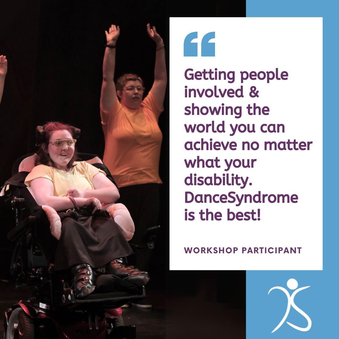 💜💙 We love this quote from a workshop participant about why they enjoy dancing with DanceSyndrome! 💃👩‍🦼🕺 If you'd like to come along and give it a try, our new term has started and you're welcome to join us, whatever your ability. Find out more at dancesyndrome.co.uk/sessions