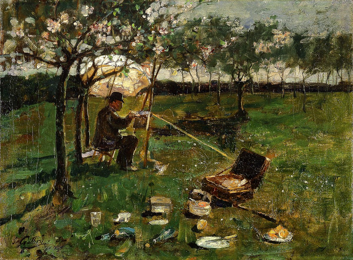 It's probably still a bit chilly for painting 'en plein air', so here's 'Poppleton' of 1882 by Glasgow Boy Sir James Guthrie. This informal study, painted near York, shows an artist at work with the necessary easel, umbrella and picnic hamper. #HAGReframed #Hunterian