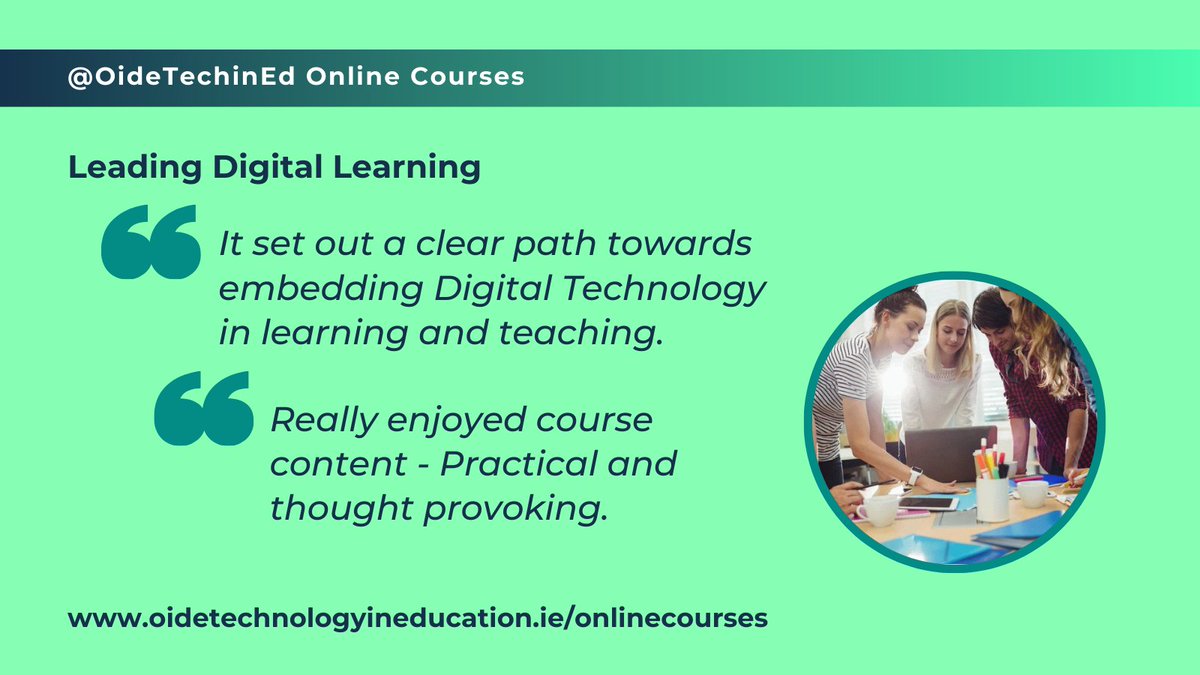 With ICT funding announced, many schools will want to revisit aspects of their digital learning journey. Dip into our short course on Leading Digital Learning as a refresher.  

Enrol: bit.ly/LDigL 

#ICTonlinecourses <a href="/Oide_Leadership/">Oide Leadership</a> <a href="/OideInclusiveEd/">Oide Primary Inclusive Education</a> <a href="/Oide_PPDeis/">Oide DEIS Post-primary</a>