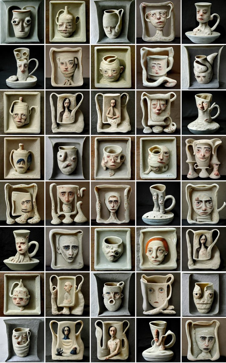 cibelleing's tweet image. 𝑒𝓂𝑜 𝓅𝑜𝓉𝓉𝑒𝓇𝓎 ... a thread
These images were generated back in 2022 when I started inbreeding my machine learning models and reprocessing their outputs into gen AI tools back and forth. The journey of being hit with a feeling screaming "There is something here!" from the…