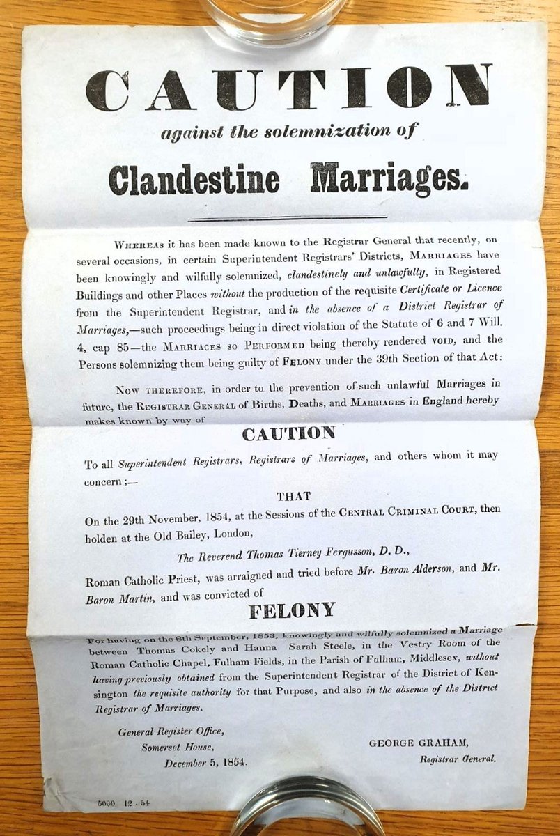 One of our volunteers came across this Caution against the solemnization of Clandestine Marriages of 5th Dec 1854. It makes an example of Rev Thomas Tierney Fergusson, a RC Priest, convicted of a felony at the Old Bailey Court, after he knowingly solemnized a clandestine marriage