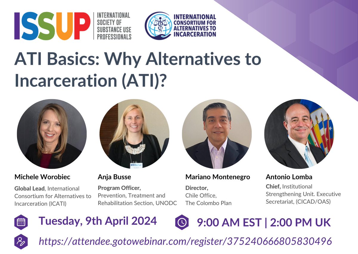 There's still time to register for today's webinar on Alternatives to Incarceration (ATI) and models of SUD treatment for individuals involved in the justice system. 📅 TODAY! ⏰ 9:00 AM EST | 2:00 PM BST Register ⬇️🏃🏽 attendee.gotowebinar.com/register/37524…