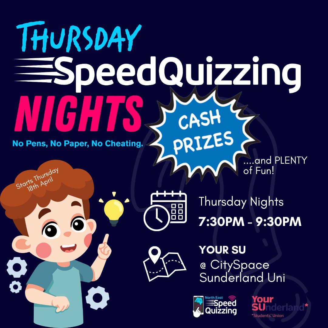 SpeedQuizzing is coming to Your SU! ❓ An all new weekly Quiz Night, starting on Thursday 18th April at 7:30pm. 🧠 No pens, no paper, but prizes to be won! 🏆 Find out more and book here: ow.ly/g90x50Rb7Mb