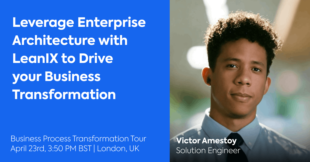 On 23 April, the #SAPSignavio Business Process Transformation Tour is coming to London! Victor Amestoy, Solution Engineer at #LeanIX will speak about leveraging #EnterpriseArchitecture with LeanIX to drive your Business Transformation. 👉bit.ly/4cw3tQm