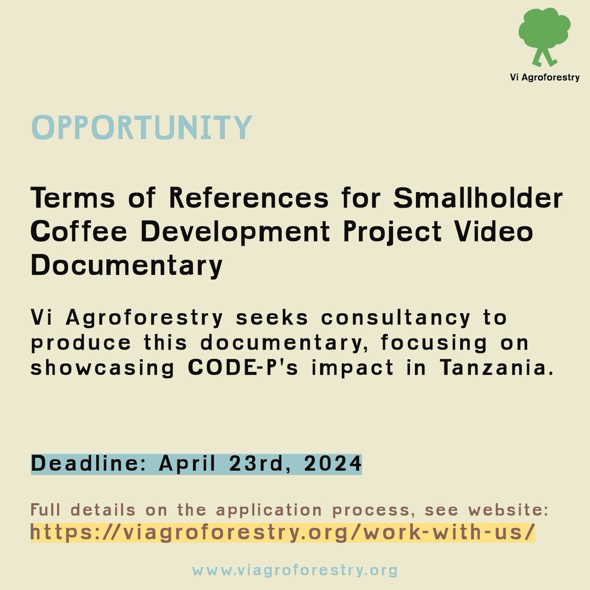 🎥🌱📚 We're looking for a documentary video producer to showcase the CODE P Smallholder Coffee Development Project in Tanzania. ☕️🌍 Full application details on: viagroforestry.org/work-with-us/ 🌱✨ #CoffeeDevelopment #SmallholderFarmers #ViAgroforestry #Agroforestry