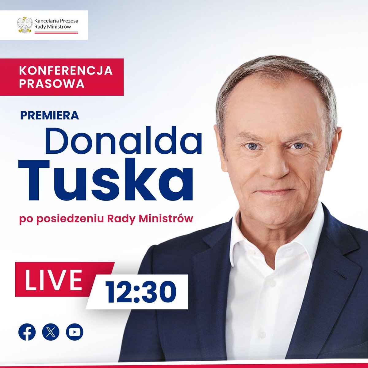 📢 ZAPOWIEDŹ | 9 kwietnia, o godz. 12.30 po posiedzeniu Rady Ministrów odbędzie się konferencja prasowa Premiera @DonaldTusk.

📍 #KPRM