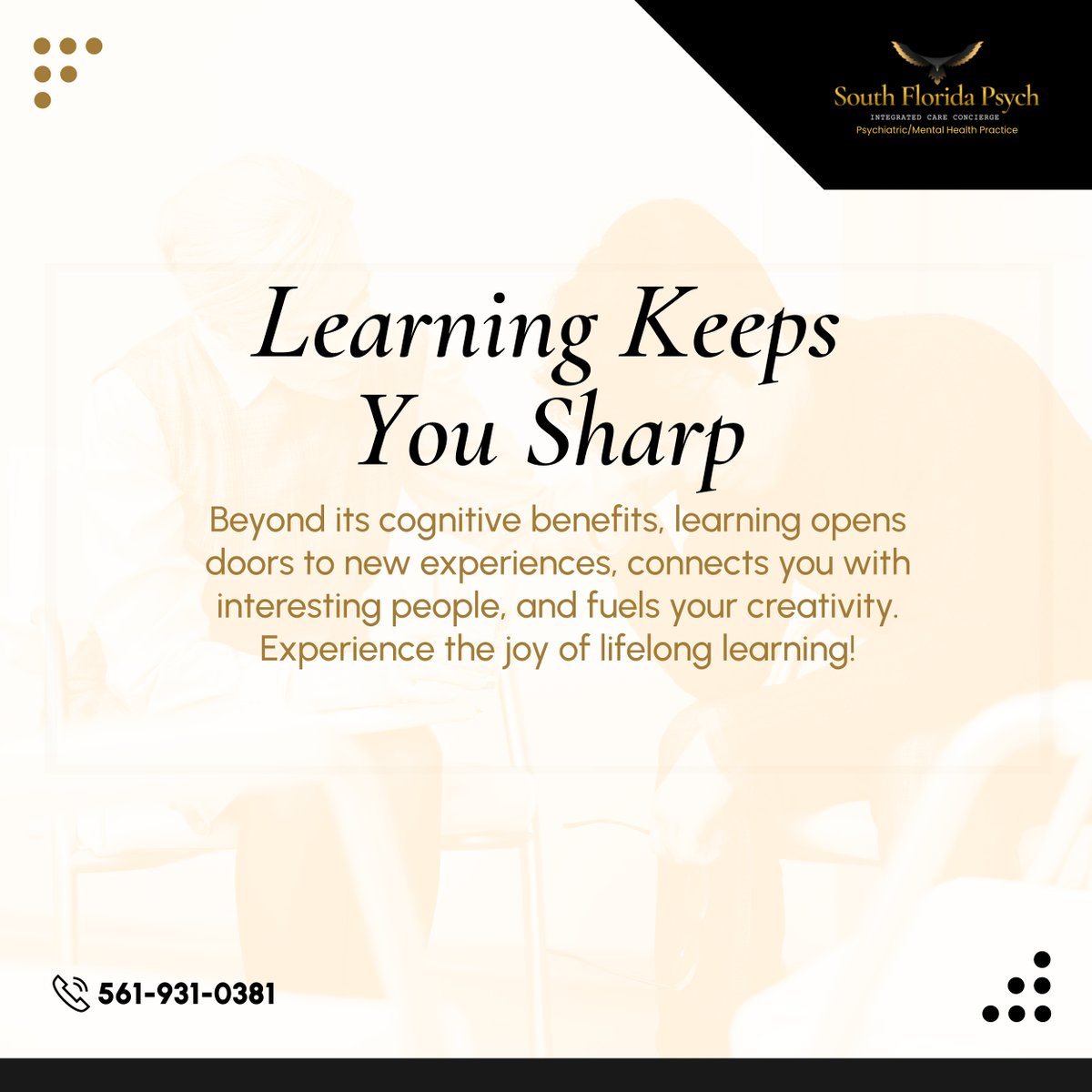 Here's something to share with others: Challenging your brain by learning new things can greatly improve cognitive function, boost memory, and even prevent cognitive decline. Learning is the ultimate brain food! 

#BocaRatonFlorida #MentalHealthServices #LifelongLearning