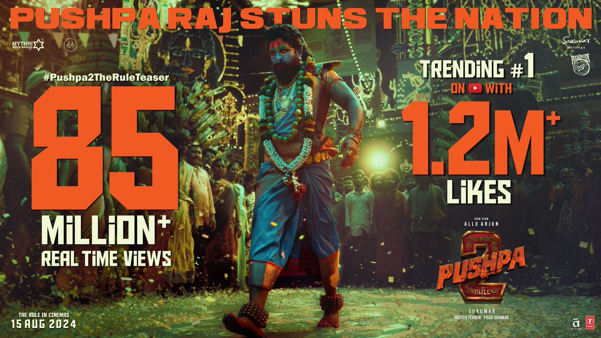 It is #PushpaRaj's WORLD & RULE, we are just living in it 💥💥 #Pushpa2TheRuleTeaser 𝗧𝗥𝗘𝗡𝗗𝗜𝗡𝗚 #𝟭 on YouTube with 𝟴𝟱𝗠+ 𝗥𝗘𝗔𝗟-𝗧𝗜𝗠𝗘 𝗩𝗜𝗘𝗪𝗦 & 𝟭.𝟮𝗠+ 𝗟𝗜𝗞𝗘𝗦🔥🔥 ▶️ youtu.be/wboGYls1Bns #HappyBirthdayAlluArjun Grand release worldwide on 15th AUG 2024…