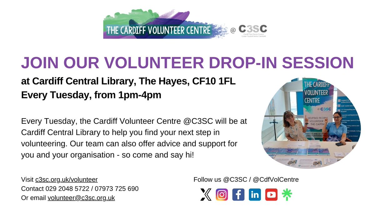 We're back to our normal schedule of our Tuesday drop-in session @cardiff_hub today 1pm-4pm! If you'd like to see how to get involved with #volunteering or what opportunities are currently available, please pop round to our desk and say hi - we're happy to help. #DropIn