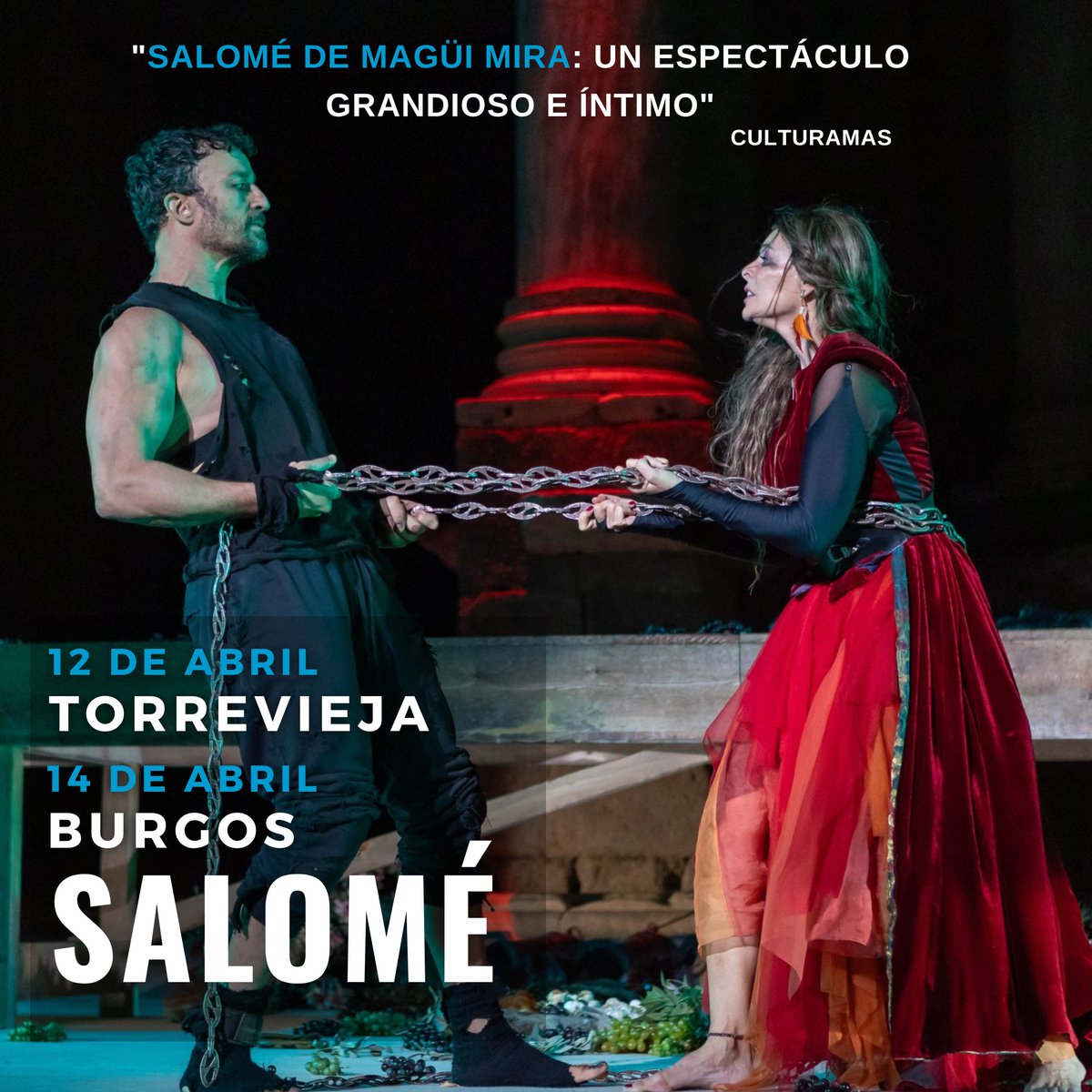 Este fin de semana, la exitosa gira de #Salomé de @maguimira podrá disfrutarse en: ⭕️ Teatro Municipal de #Torrevieja el 12 de abril 🗓️ ⭕️ Auditorio Fórum de #Burgos el 14 de abril 🗓️ Con #BelénRueda, @PabloPuyol_ @sergiomurlopez #LuisaMartín o #JuanFernández entre otros 🔥