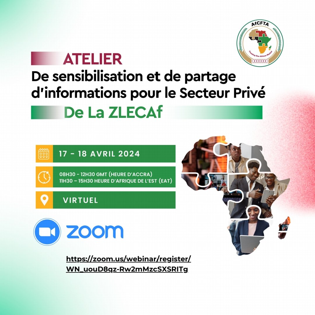 Le Secrétariat de la #zlecaf <a href="/AfCFTA/">AfCFTA Secretariat Official</a> vous invite a participer à cet atelier virtuel de sensibilisation et de partage d'informations qui presentera l'état d'avancement de la mise en œuvre de l'Accord ainsi que les dispositifs et outils developpés en appui au secteur privé.
#Zlecaf