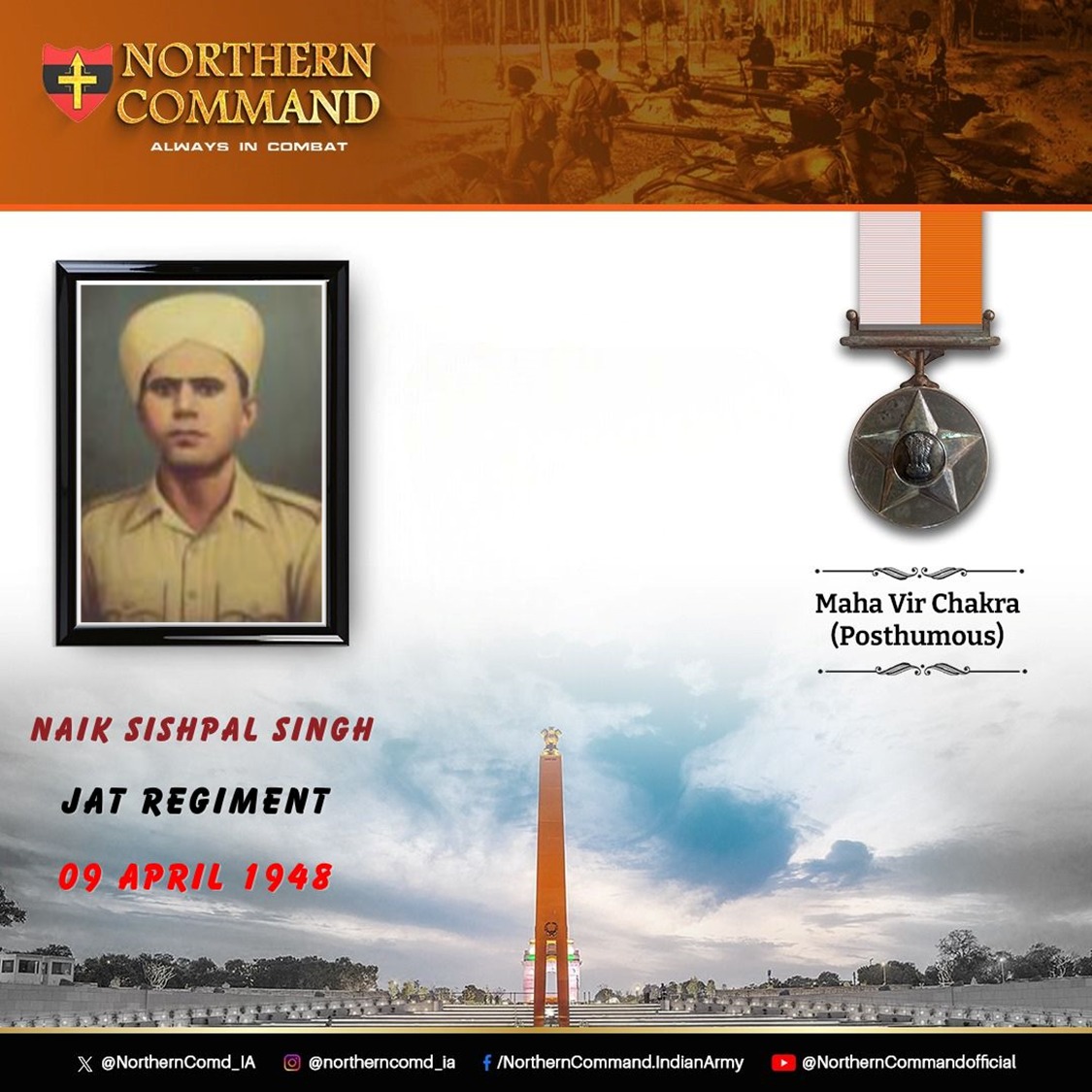 09 April 1948 #JammuAndKashmir Naik Sishpal Singh was Platoon Havildar during an attack on enemy post. Despite being severely wounded, he kept inspiring his men to capture the objective before making the supreme sacrifice. Awarded #MahavirChakra (Posthumously)…