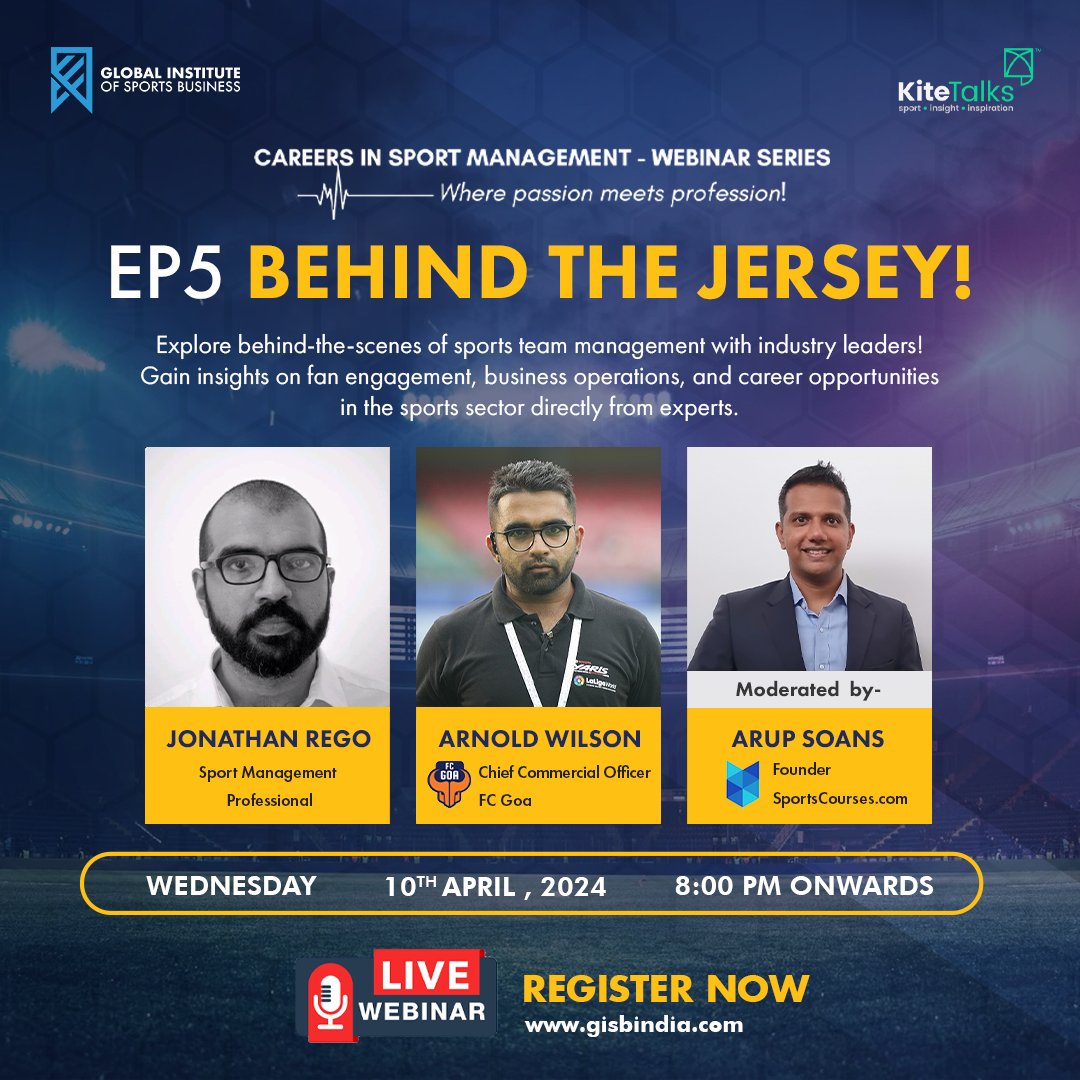 Ep 5 of "Careers in Sport Management", a webinar by <a href="/GISB_India/">GISB India</a> &amp; KiteTalks - Hear from Sports Management Pro <a href="/jonathanrego/">Jonathan Rego | Business of Sport (BOS)</a> and <a href="/FCGoaOfficial/">FC Goa</a>'s CCO Arnold Wilson. Moderated by the Founder of SportsCourses.com - <a href="/ArupSoans/">Arup Soans</a>. Sign up for FREE - us02web.zoom.us/webinar/regist…