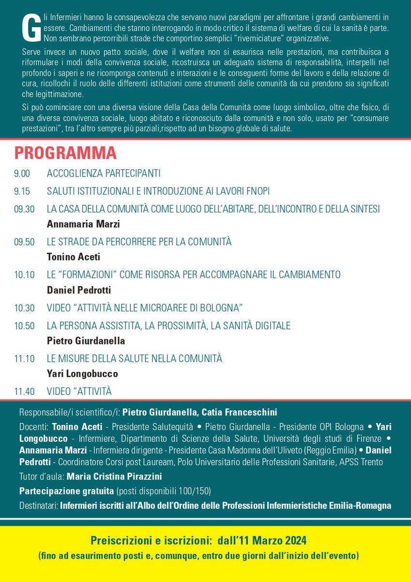 In programma giovedì 18 aprile dalle ore 9 a @BolognaFiere, il seminario “𝐏𝐞𝐫𝐬𝐨𝐧𝐞 – 𝐩𝐫𝐨𝐬𝐬𝐢𝐦𝐢𝐭𝐚̀– 𝐫𝐞𝐥𝐚𝐳𝐢𝐨𝐧𝐞 𝐝𝐢 𝐜𝐮𝐫𝐚: 𝐧𝐮𝐨𝐯𝐞 𝐬𝐭𝐫𝐚𝐝𝐞 𝐩𝐞𝐫 𝐥𝐚 𝐜𝐨𝐦𝐮𝐧𝐢𝐭𝐚̀”, il primo in @Exposanita. Qui tutti i dettagli: ordineinfermieribologna.it/2024/persone-p…