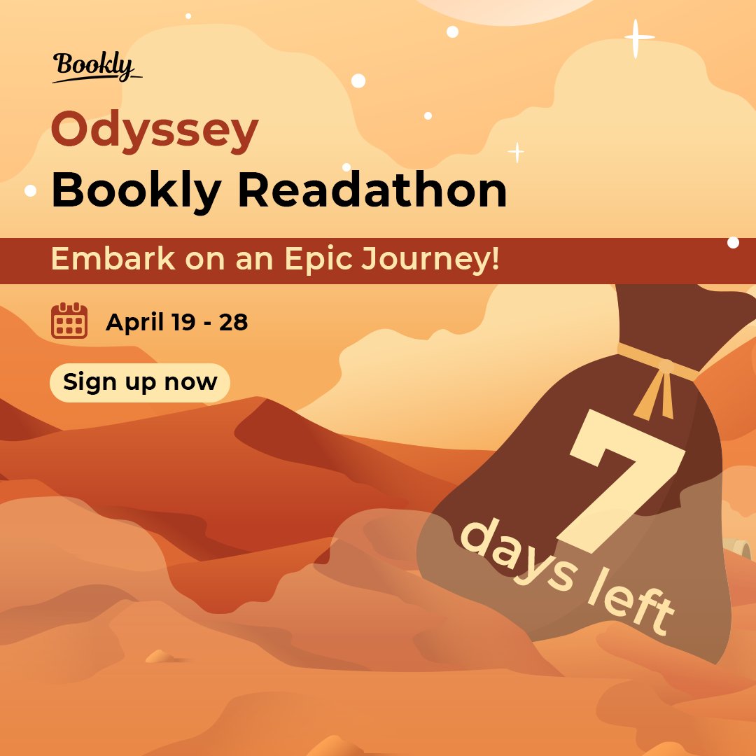 getbookly's tweet photo. Only 7οΈβ£ DAYS LEFT to sign up for the Odyssey Bookly Readathon! π²
Join us today π https://t.co/r4NpbrjScQ
#booktwt #booklyreadathon #readingchallenge #readathon https://t.co/RhMFfBudIL