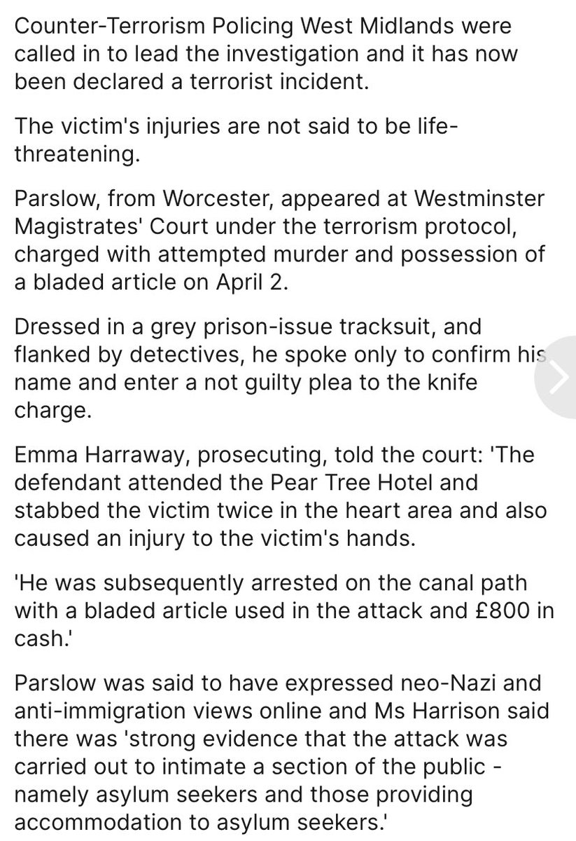 An alleged terrorist stabbed a person twice is charged with attempted murder. Why is there not more news of this? Because the survivor was a person from Eritrea that the alleged perpetrator assumed was a resident in an asylum hotel. He was stabbed in the lobby.