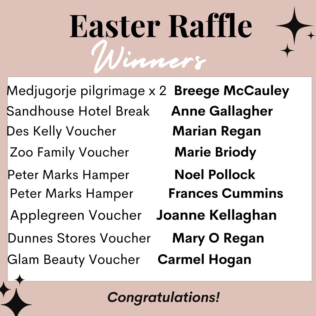 Congrats to the winners of the #easterraffle in aid of #marysmeals. A massive €14,675.67 was raised. That will feed 667 children for a whole school year! Thank you to the sponsors & all who bought a ticket. A special thanks to Aoife who held the raffle in memory of her dad Liam