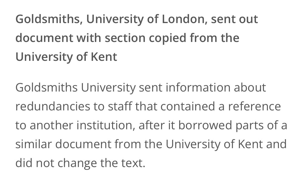 Appalling from @GoldsmithsUoL So eager to push through a harmful and disastrous set of redundancies they’ve done a copy/paste of the documents Uni of Kent sent to their staff. Beyond shambolic and damaging. Which sums up the whole situation. researchprofessionalnews.com/rr-news-uk-uni…