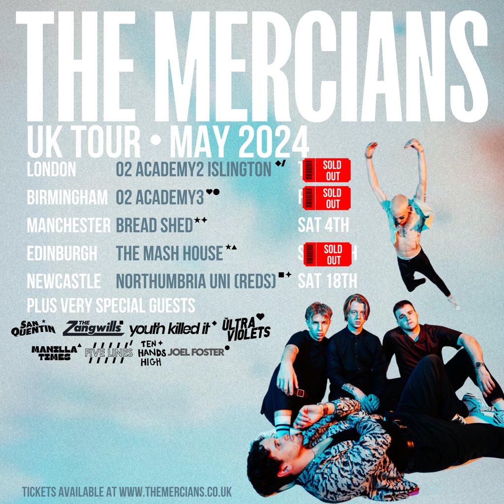 Delighted to announce some unbelievable support acts for our headline tour in may! Be sure to get down for doors to see some of the most talented up and coming acts in the country!💥 Tickets at themercians.co.uk let’s get Newcastle and Manchester sold out like the rest!💙