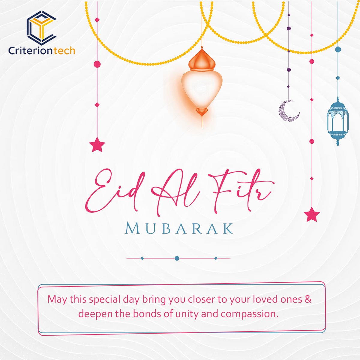 criterion_tech's tweet photo. Eid Mubarak to you and your loved ones! 🌙✨
.
#EidMubarak #EidGreetings #Celebration #Unity #Compassion #Family #Love #Happiness #Blessings #Joy #Together #Eid2024 #Eidalfitr #Eidalfitr2014 #criteria4technology #CriterionTech https://t.co/F1EVDxPxr3
