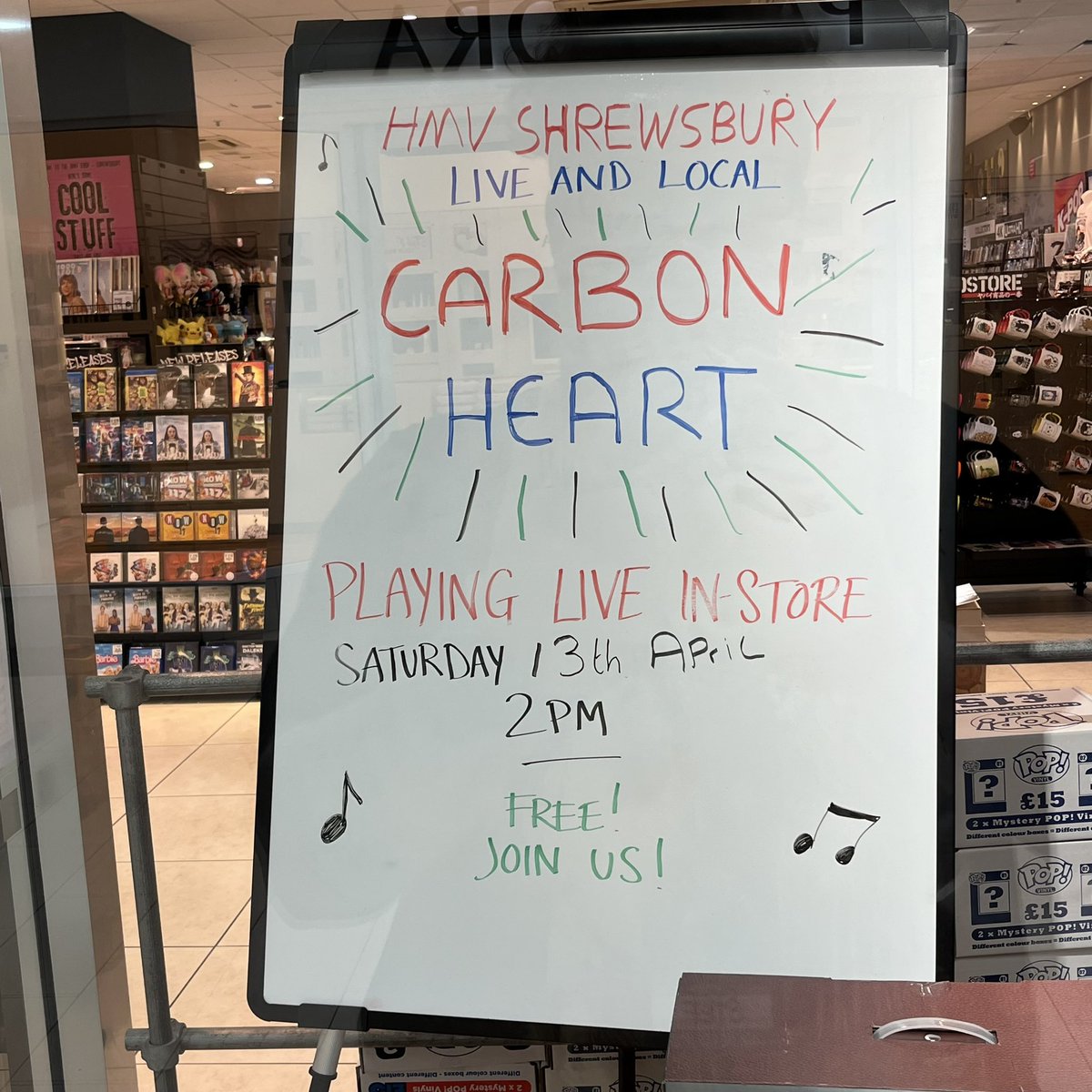 Carbon Heart will be performing live in store on Saturday. Join us! #hmvliveandlocal #livemusic #livesinger #gig #liveband #liveperformance #ukmusic #shrewsbury #shropshire