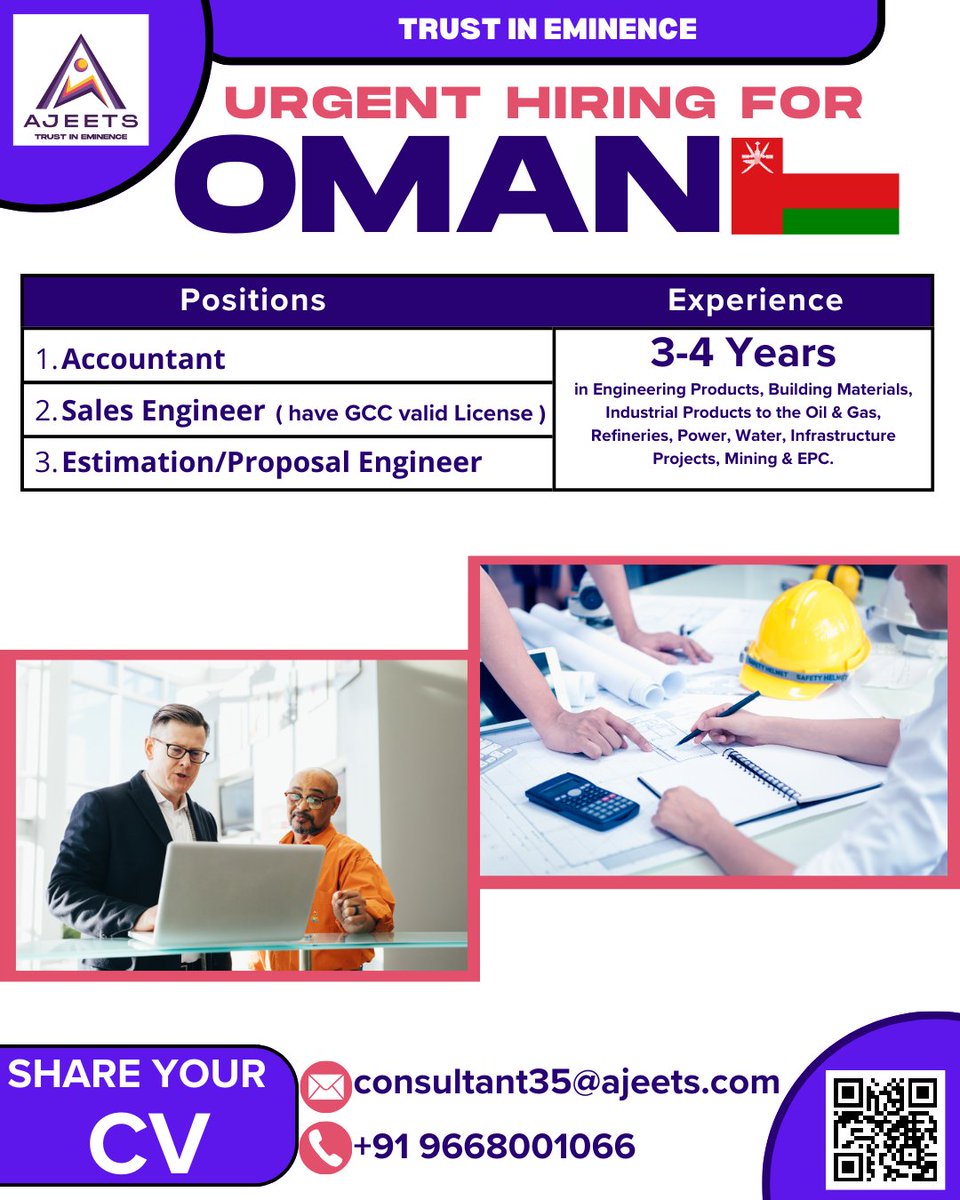 Urgent Hiring for OMAN!!!
Positions:
1) Accountant
2) Sales Engineer
3) Estimation/Proposal Engineer
#salesengineer #estimator #proposalengineer #accountant #omanjobs #gulfjobs #gulfjobseekers #abroadjobs #abroadjobsforindians #india