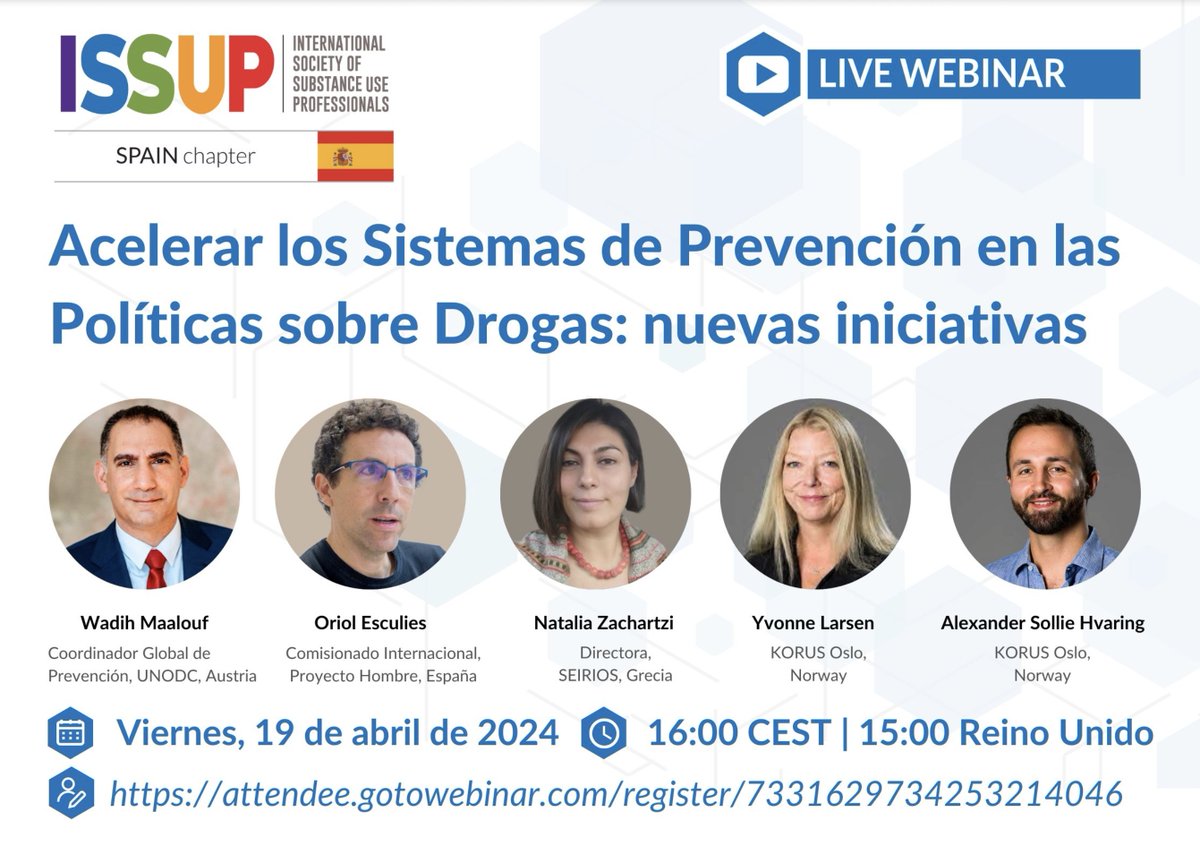 Join us for ISSUP Spain's upcoming webinar on ACCELERATING DRUG USE PREVENTION SYSTEMS AND POLICIES GLOBALLY 🗓️19.04 🕓4pm CEST Find out more about the @UNODC Initiative CHAMPS, Review of Prevention Systems (RePS), the Oviedo declaration,&more 🔗 is.gd/wmphAy