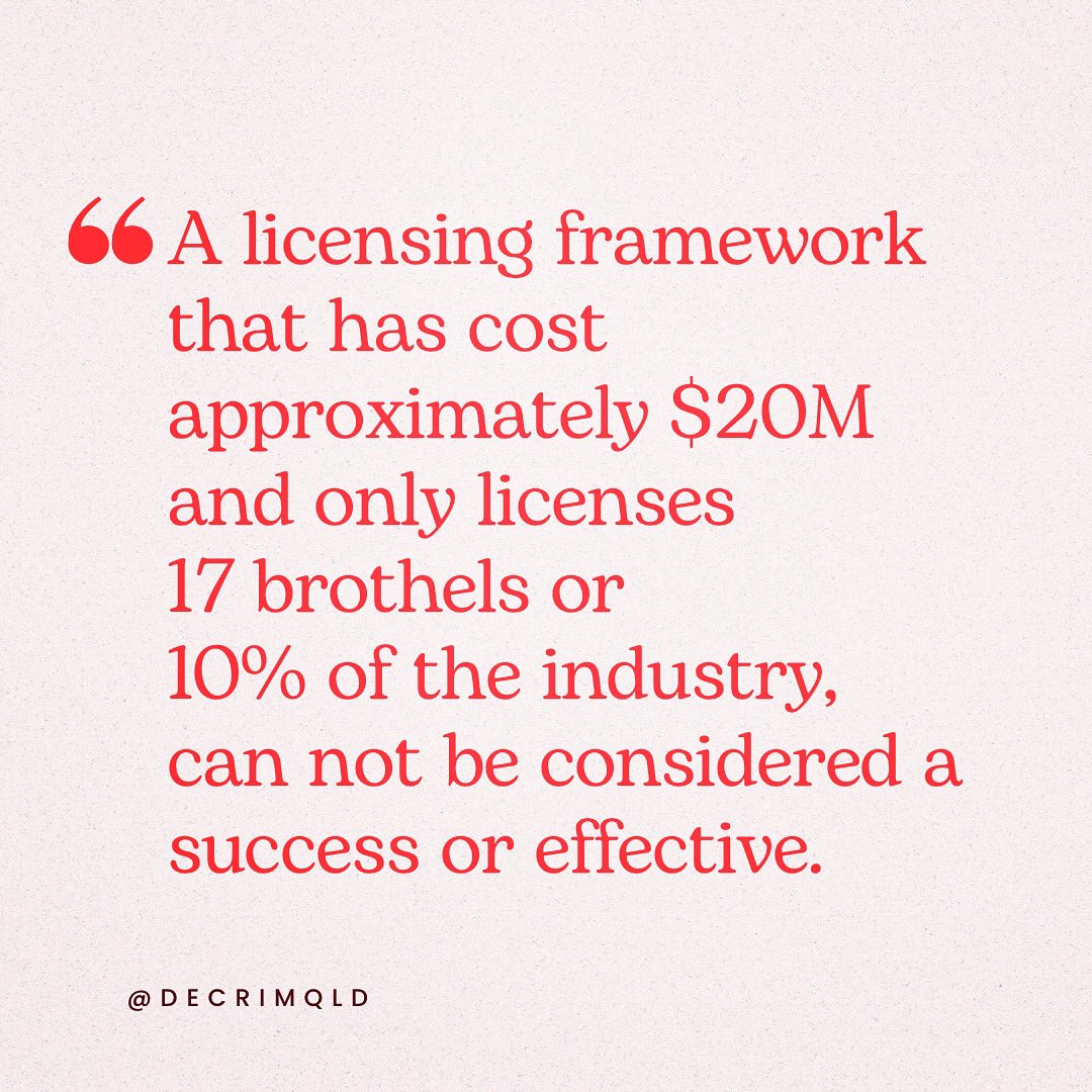 A licensing framework that has cost approximately $20M and only licenses 17 brothels or 10% of the industry, can not be considered a success or effective. #DecrimQLD