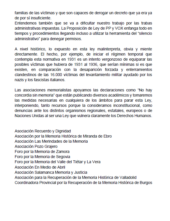 FMemoriaSegovia's tweet photo. Las Asociaciones memorialistas de Castilla y León abajo firmantes, ante la amenaza de aprobación de la mal llamada "Ley de Concordia" comunicamos: https://t.co/vP3Zmc977Z
