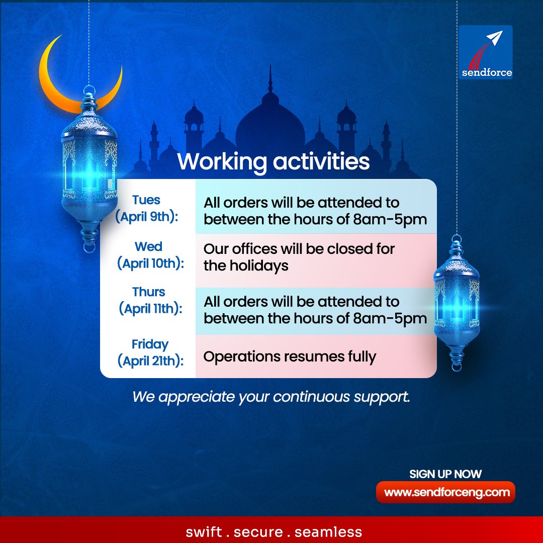 Dear valued customers, as the Eid Al-Fitr celebration approaches, we would like to update you on our operational plans during the holiday season. Please take note of the following adjustments.

#holidayseason #ramadankareem🌙